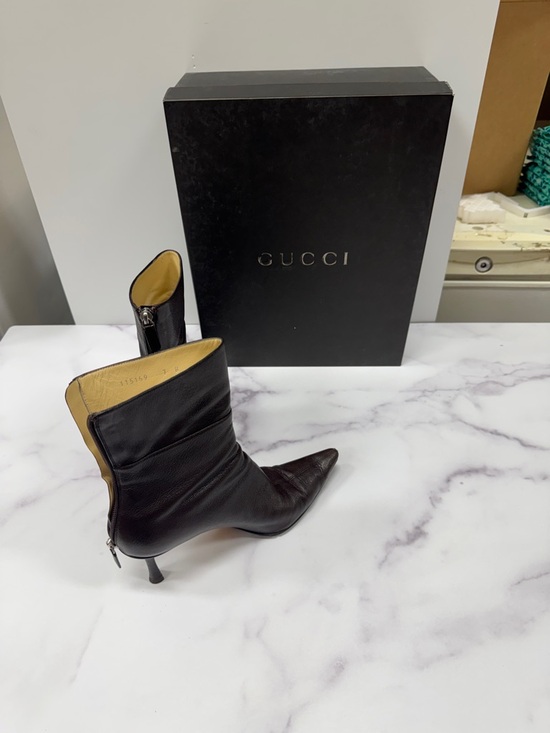 Gucci Shoes - Gucci Brown Pointed-Toe Mid-Calf Leather Boots